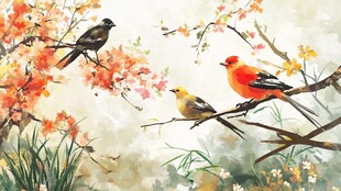 春日枝头三鸟图