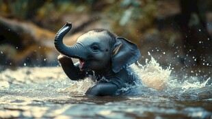 小象水中嬉戏欢乐瞬间