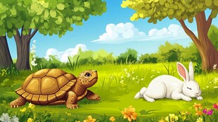 龟兔休憩的美丽森林场景