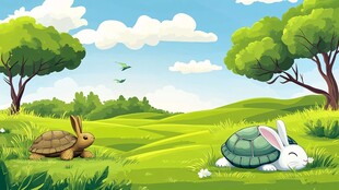 龟兔休憩于绿意盎然草地