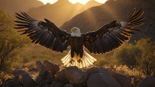 夕阳下展翅的白头海雕