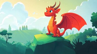 可爱红龙立于绿野山巅