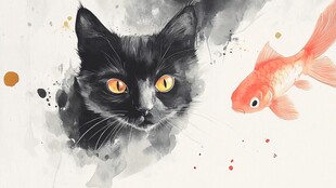 黑猫与金鱼的奇妙对视