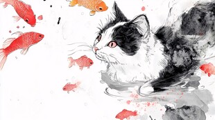 黑白猫咪戏游红金鱼