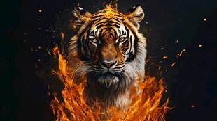 火焰环绕的威严老虎