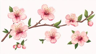 手绘粉色桃花枝插画