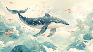 梦幻蓝鲸遨游于云海鱼群间