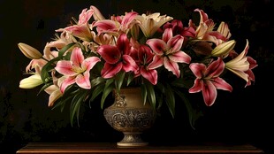 花瓶中盛放的多彩百合花