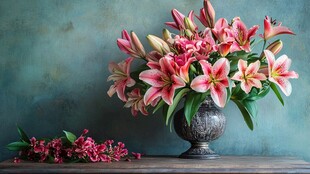 复古花瓶中的艳丽百合花