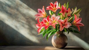 花瓶中的艳丽粉色百合花