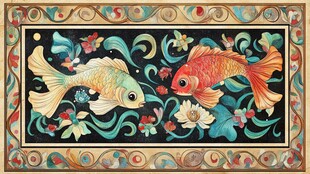 双金鱼花卉精美装饰画