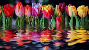 五彩郁金香倒映在水面