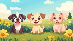 三只萌犬在花丛草地嬉戏