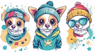 三只萌宠狗狗的时尚装扮