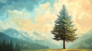 孤松屹立于山峦美景间