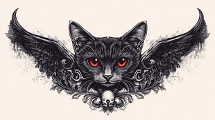 黑猫展翅带骷髅奇幻图案