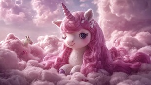 梦幻独角兽于粉色云海中
