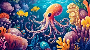 梦幻海底的章鱼与多彩珊瑚