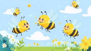 快乐蜜蜂在花草间飞舞