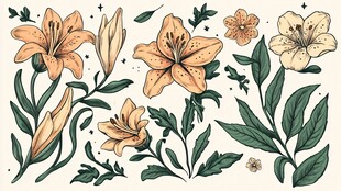 手绘复古风百合花卉元素