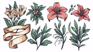 手绘花卉绿植与丝带元素