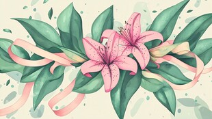 粉色百合绿叶丝带插画