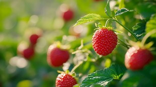 红嫩草莓挂于翠绿枝叶间