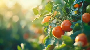 阳光下的饱满番茄果实