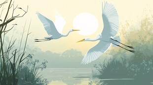 白鹭双飞于晨光湿地间