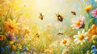 蜜蜂在烂漫花海中飞舞