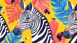 斑马与热带植物趣味插画