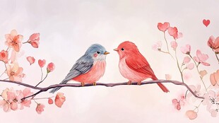 双鸟栖枝赏繁花