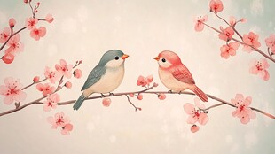 双鸟栖于繁花枝头