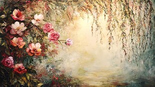 梦幻花卉垂柳艺术画作