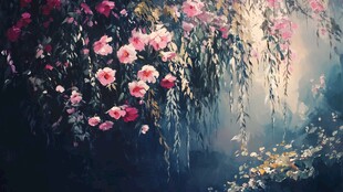 梦幻繁花垂柳唯美景象