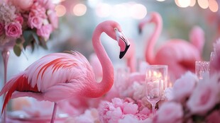 粉色火烈鸟点缀浪漫花景