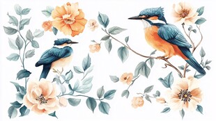 花鸟图 翠鸟与烂漫花卉