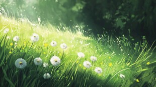 阳光下的蒲公英草地