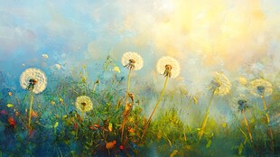 阳光下的蒲公英梦幻草地