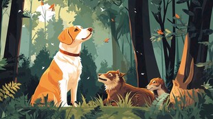 森林中狗狗与松鼠的惬意时光