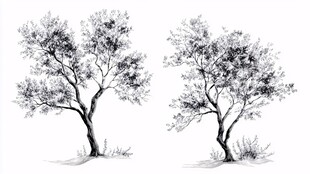 两棵黑白手绘风格树木图