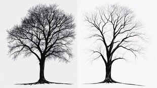 两棵黑白枯树对比画面