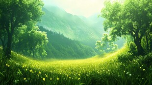 绿野山林间的梦幻春日风光