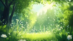 阳光洒落的梦幻森林草地