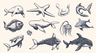 手绘海洋生物集合