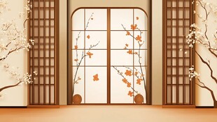 日式和风窗棂旁的烂漫花枝