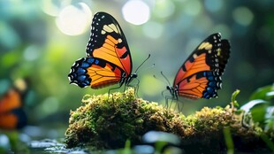 双蝶栖于青苔上的自然美