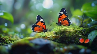 双蝶栖于青苔绿植间