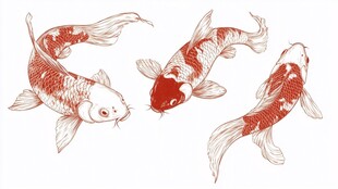 三条锦鲤手绘图案