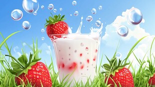 草地上的草莓奶昔飞溅时刻